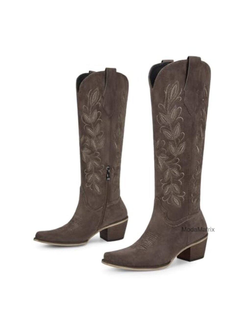 Knee High Western Cowboy Boots Faux Suede Low Heel Floral Embroidered